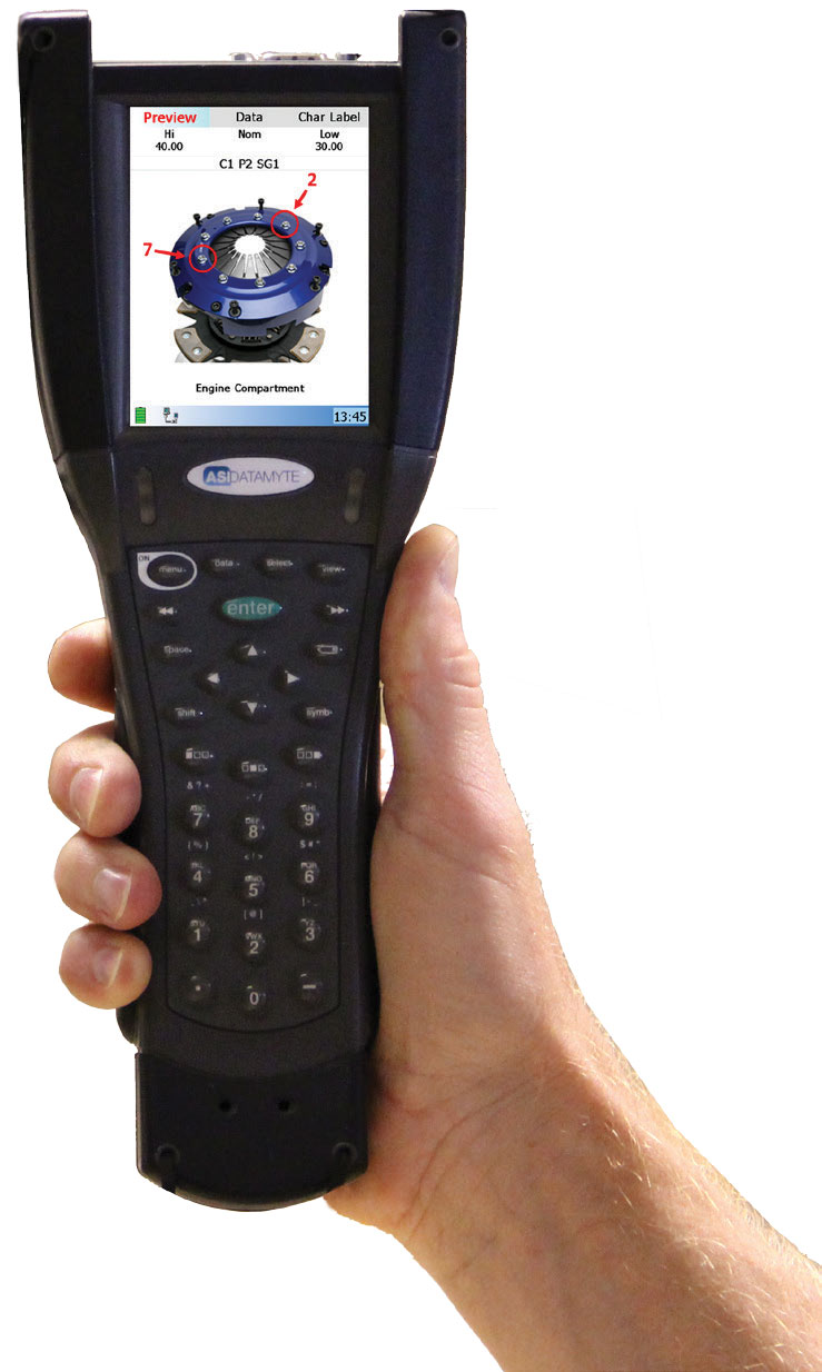 ASI DATAMYTE DM 600. Портативная система сбора данных. Уменьшение и исключение возможности измерения неправильного соединения или крепежного элемента путем демонстрации графического изображения каждой точки измерения.